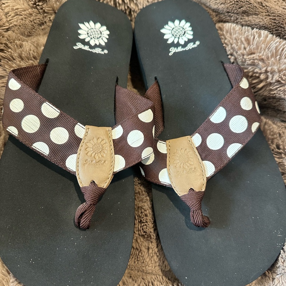 Yellow Box Brown and White Polka Dot Sandals
